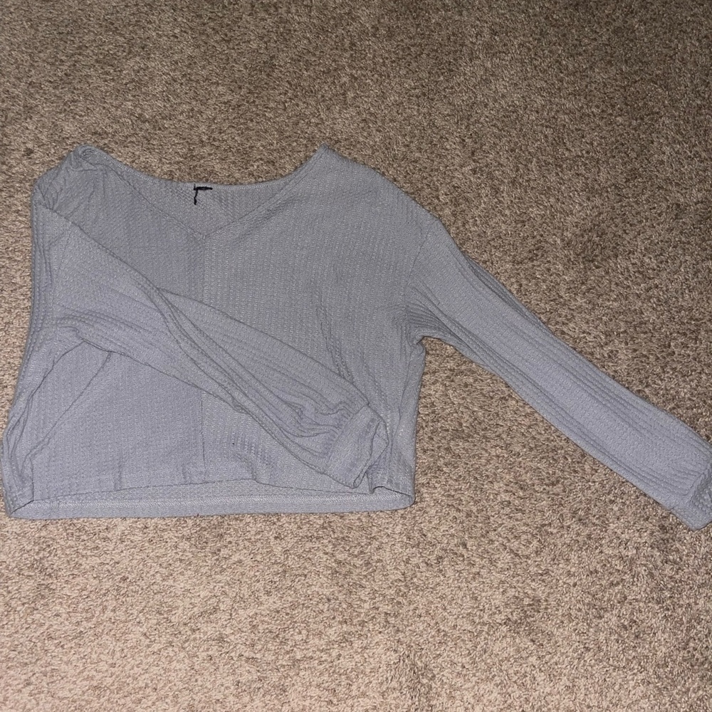 Grey Cropped Waffle V-Neck Sweater